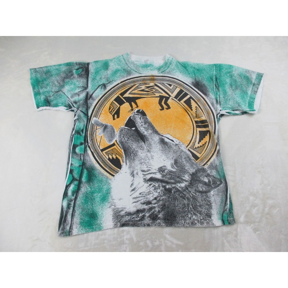 VINTAGE Aztec Wolf Shirt Mens Extra Large Green Tribal All‎ Over Print 90's*